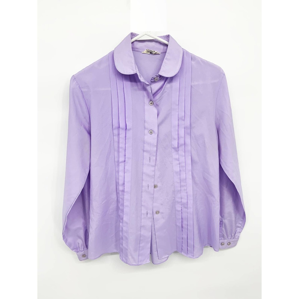 Vintage Korean Lavender Pleated Collared Blouse Button Up Long Sleeve Size 12